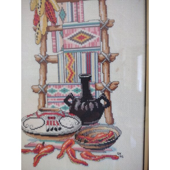 Vintage 1995 Completed Cross Stitch Native American Southwest Frame Wall Hanging - Picture 8 of 16